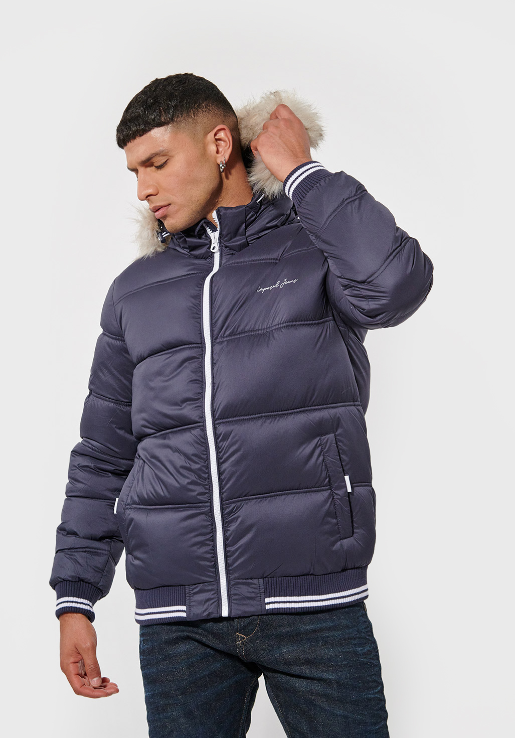 Men s blue hooded regular fit puffer jacket with removable faux