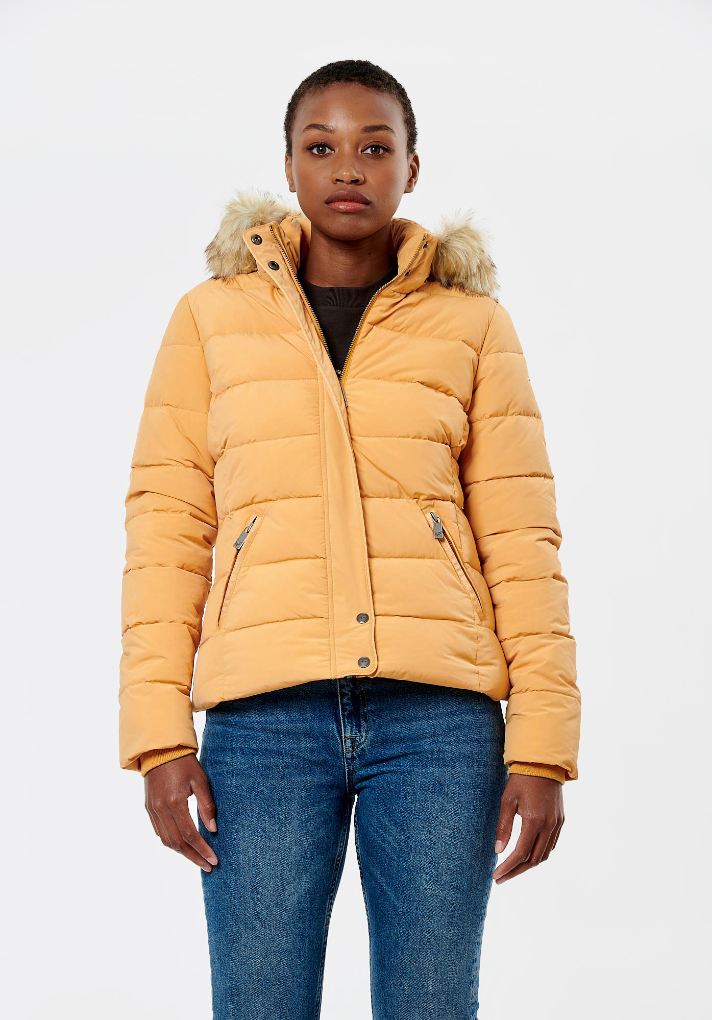 Yellow puffer coat with fur hood cheap