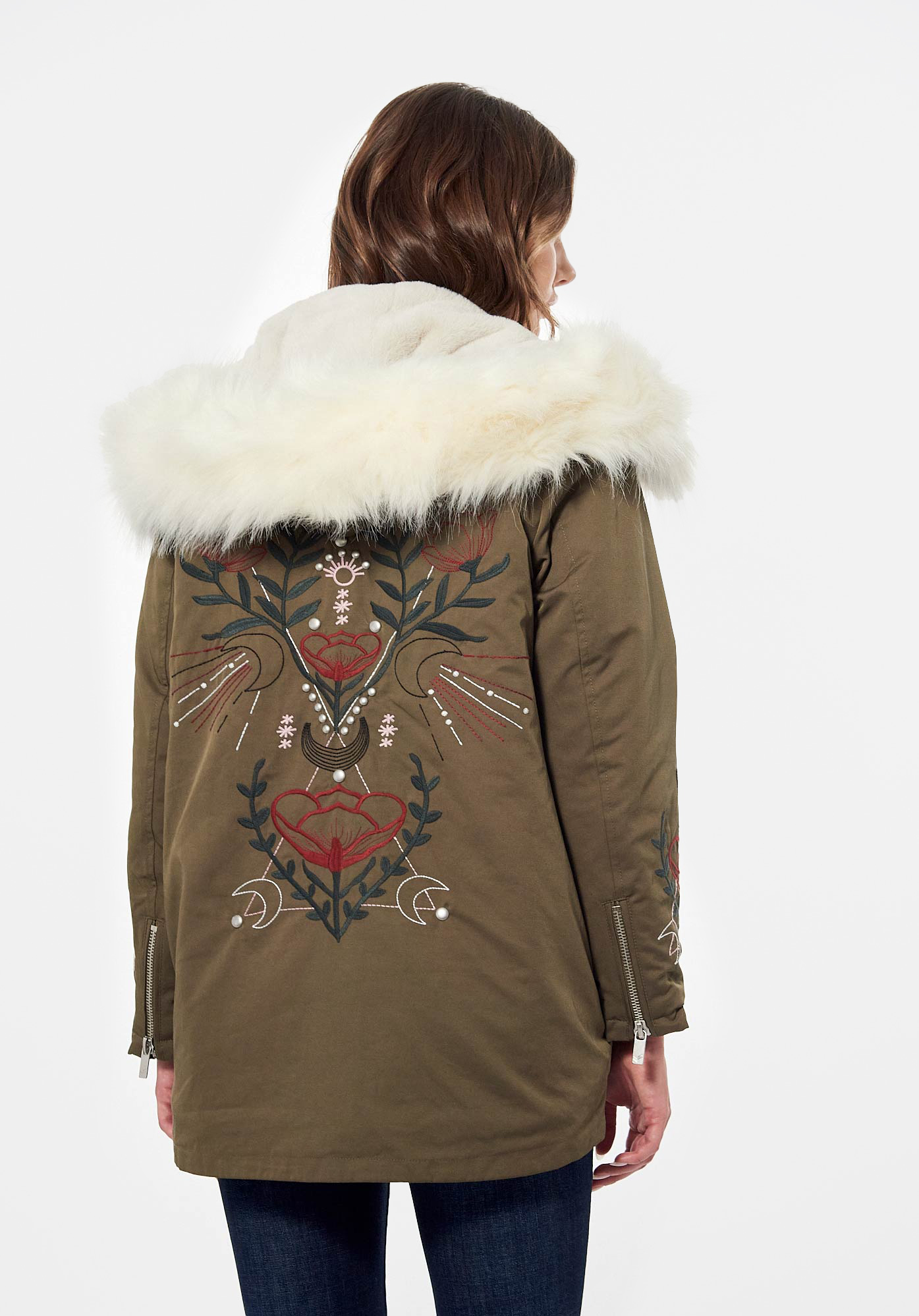 Embroidered parka jacket deals