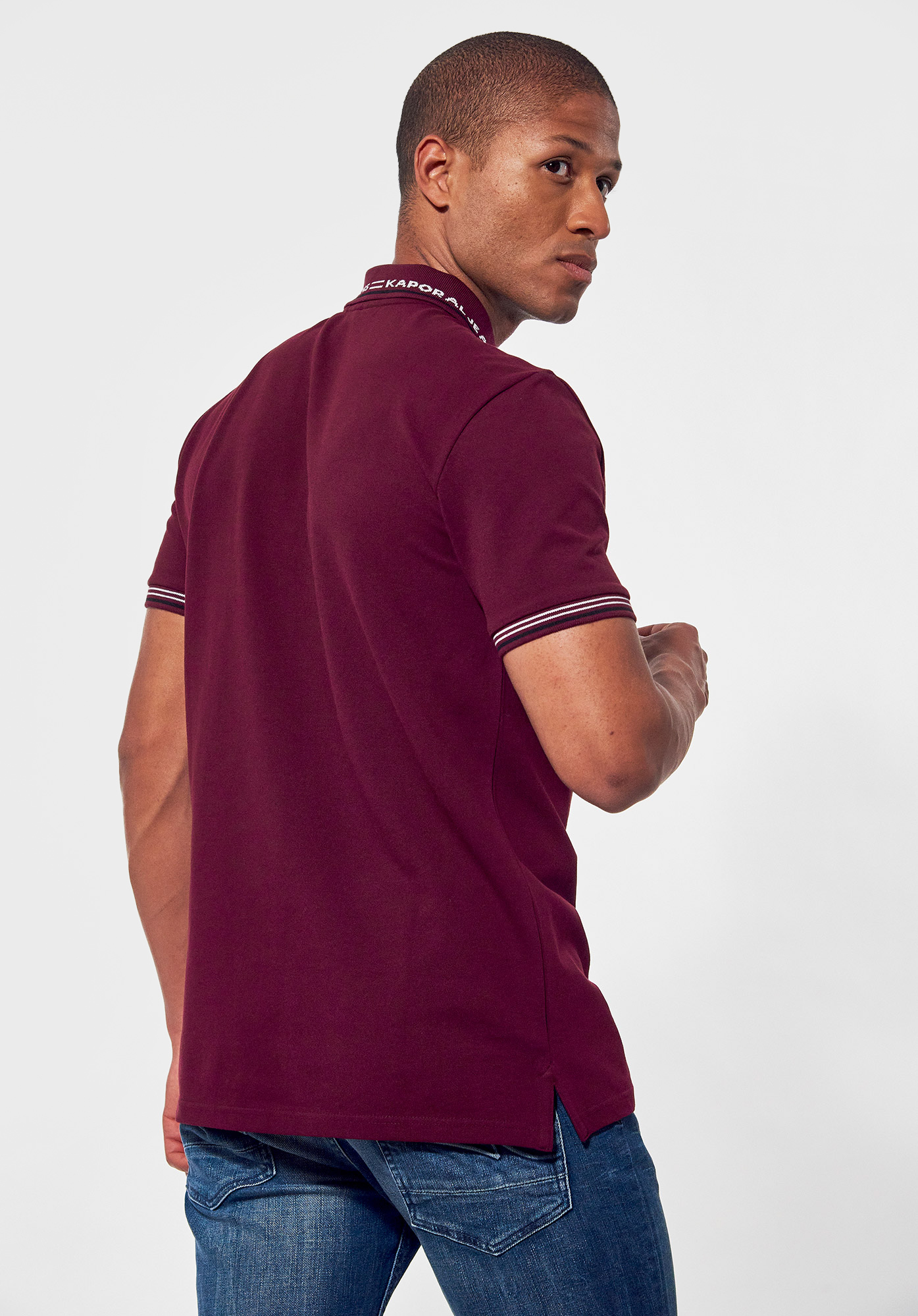 Men s burgundy slim fit polo shirt with raglan chest pocket and logo Lyco Kaporal