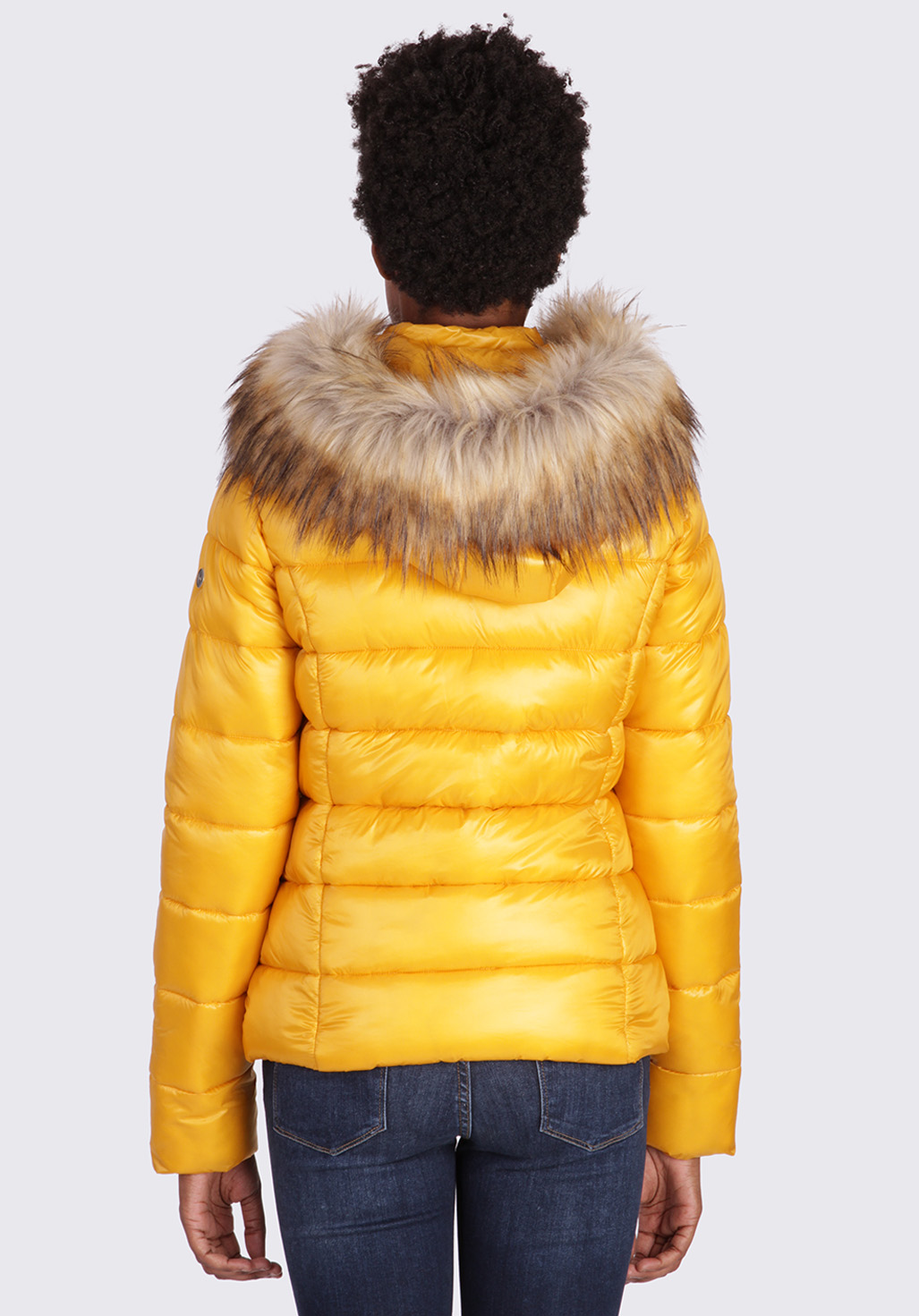 mustard puffer jacket with fur hood