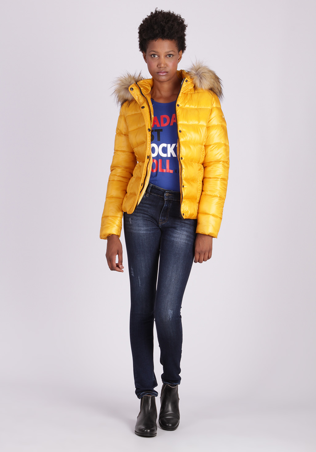 yellow puffer coat with fur hood